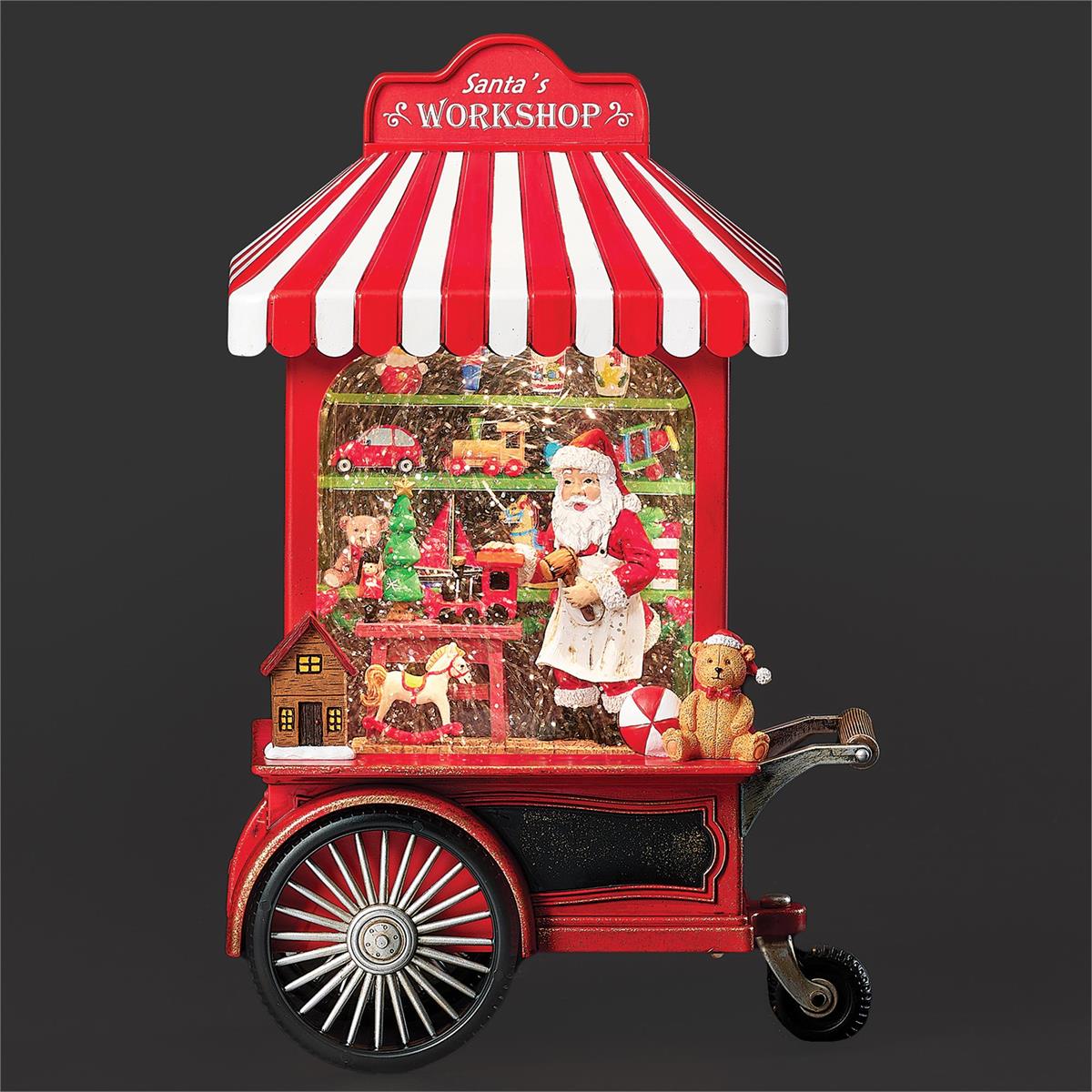 LIGHTED SWIRL TOYSHOP CART WITH SANTA & TOYS