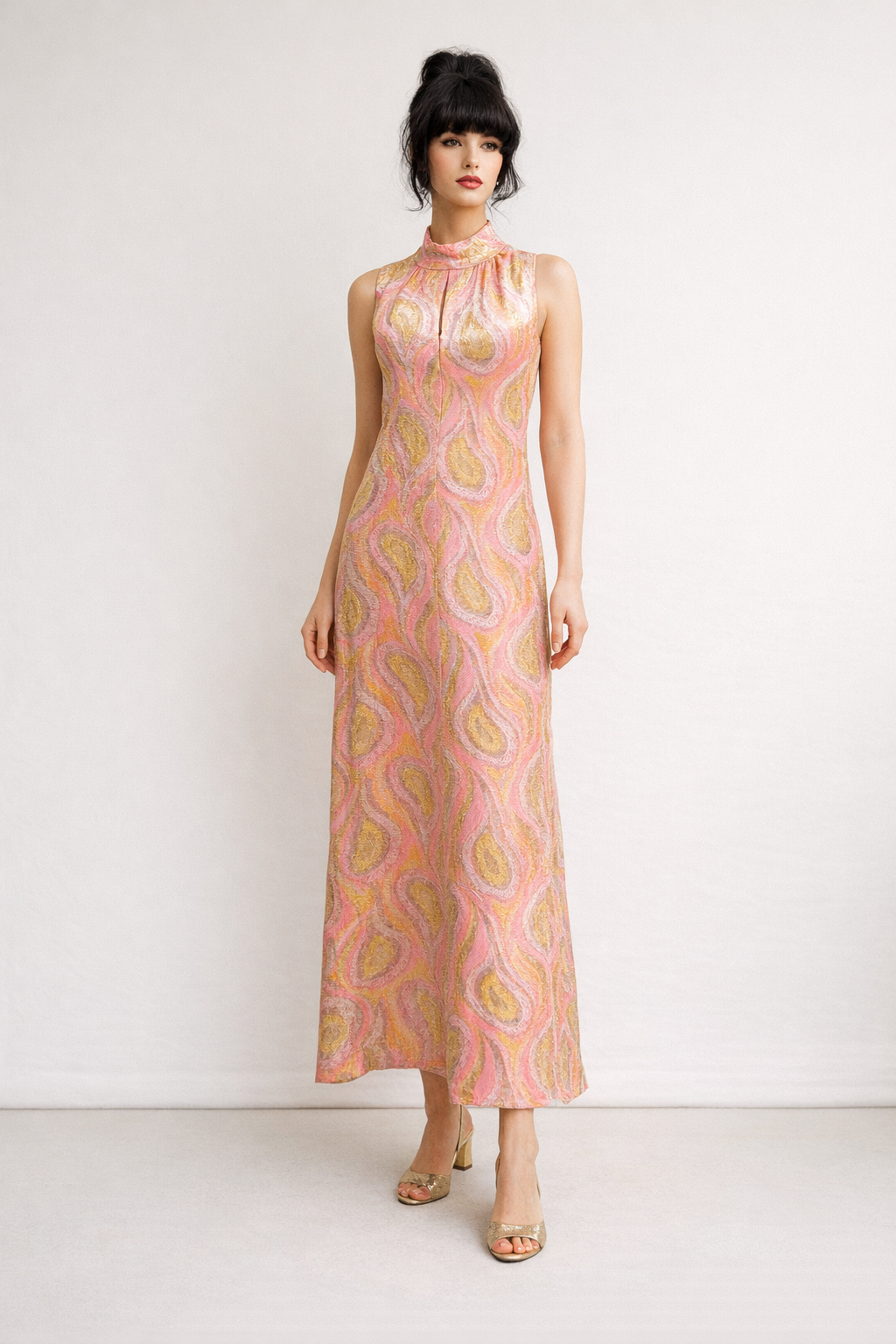 Long Pink Brocade Vintage Dress, 1960's Women's Costume Rental