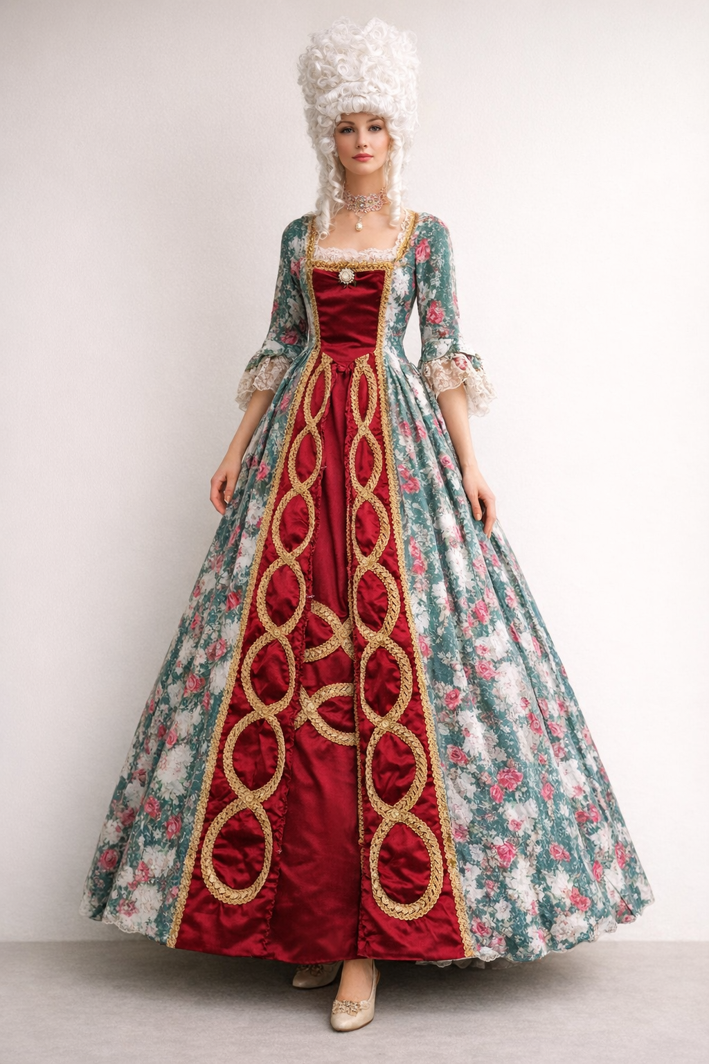 Floral Wine Marie Antoinette 18th Century Red Gown Rental