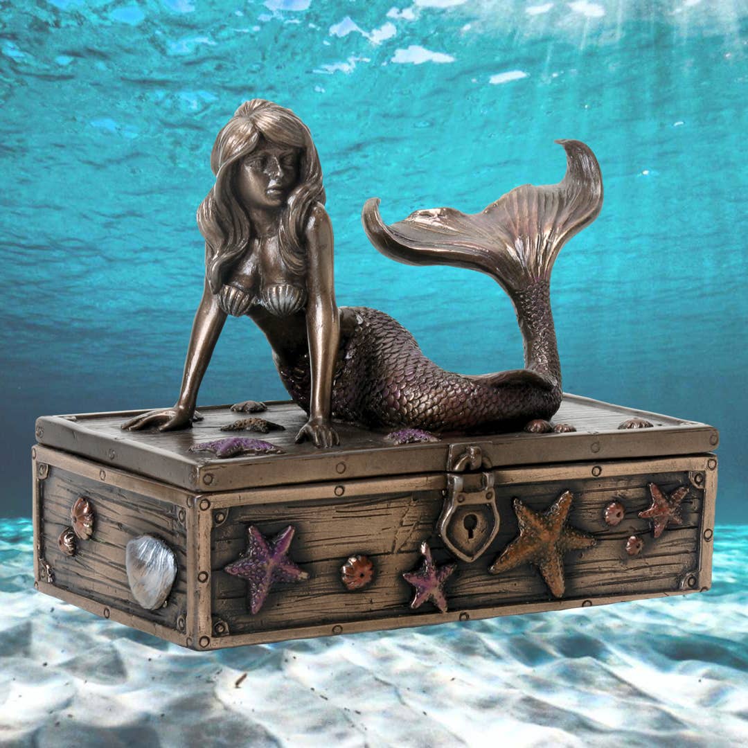 

Bronze mermaid statue on a treasure chest with an underwater background