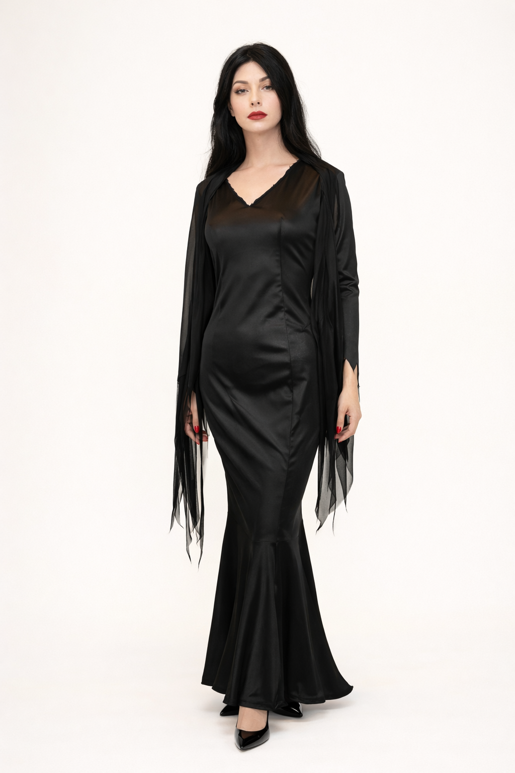 Morticia Adams Costume Black Dress with Shawl - Women's Horror Rental
