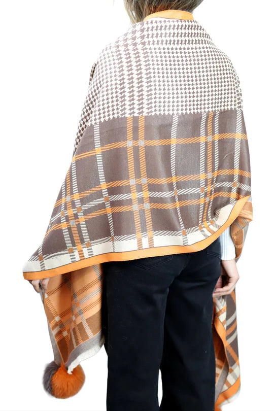 PLAID/HOUNDSTOOTH PRINT SHAWL WITH FOX POMS - BROWN & ORANGE