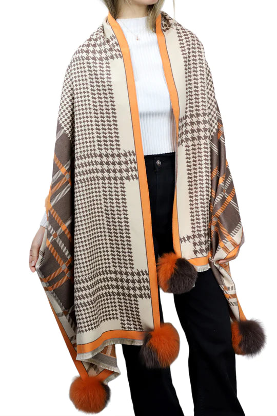 beige orange and Brown Houndstooth shawl with fox fur pom poms