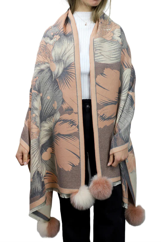 Peach floral print shawl with fox pom poms 