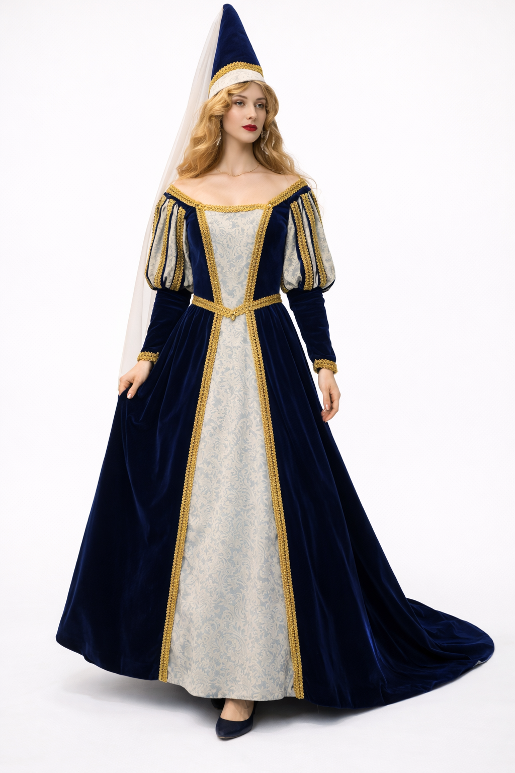 Navy Gold Trim Renaissance Gown Costume Rental
