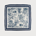 Navy blue and white patterned scarf with animal designs 