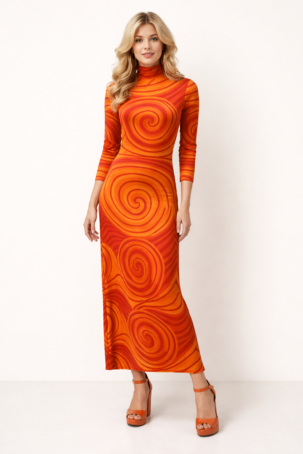 Orange Swirl Pattern Long Vintage Dress - 1970's Women's Costume Rental