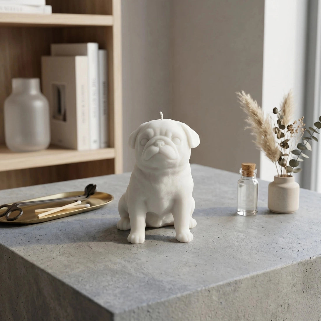 White Pug Puppy Candle
