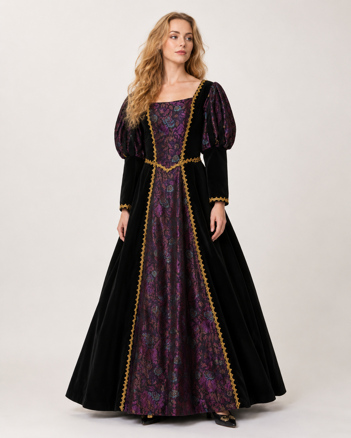 Purple & Black Brocade Renaissance & Medieval Gown Costume Rental