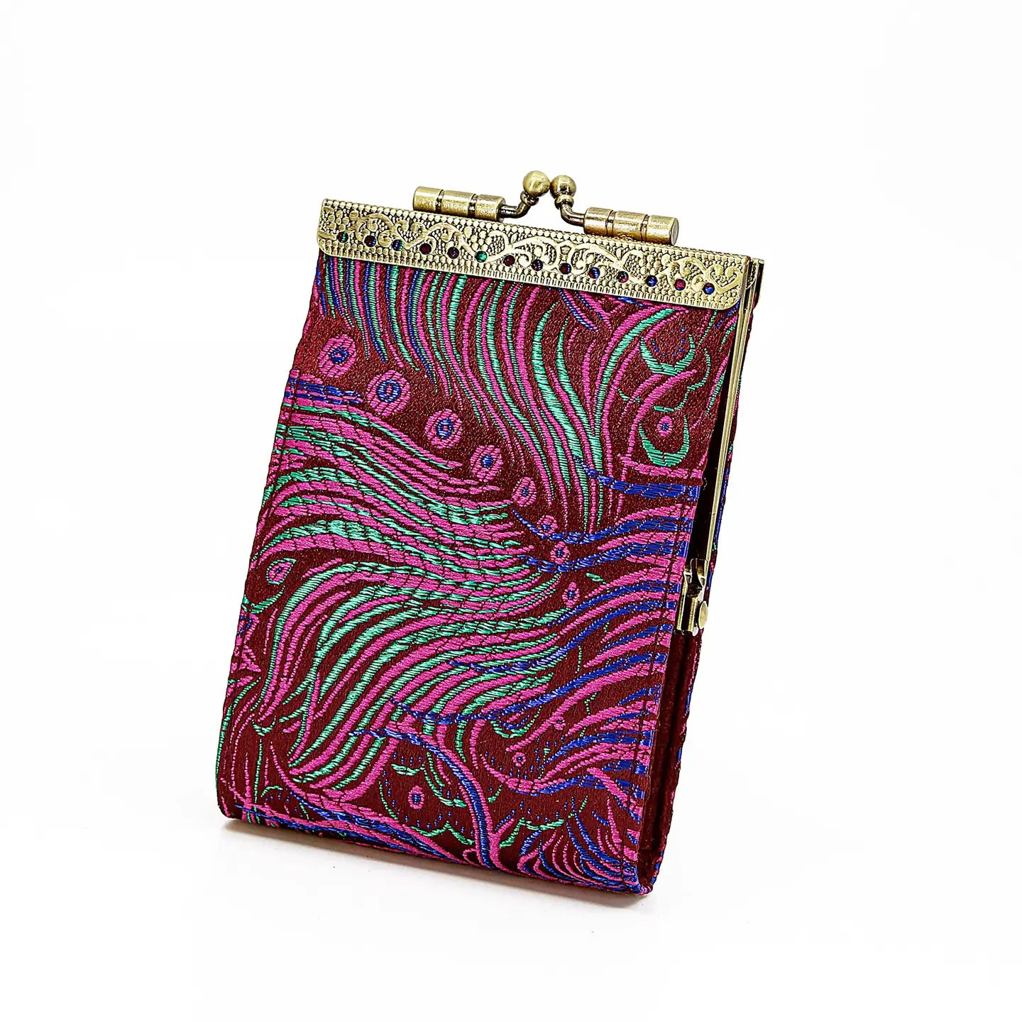 Purple Brocade Peacock Card Holder w/ Rfid Protection Card Case, Card Wallet
