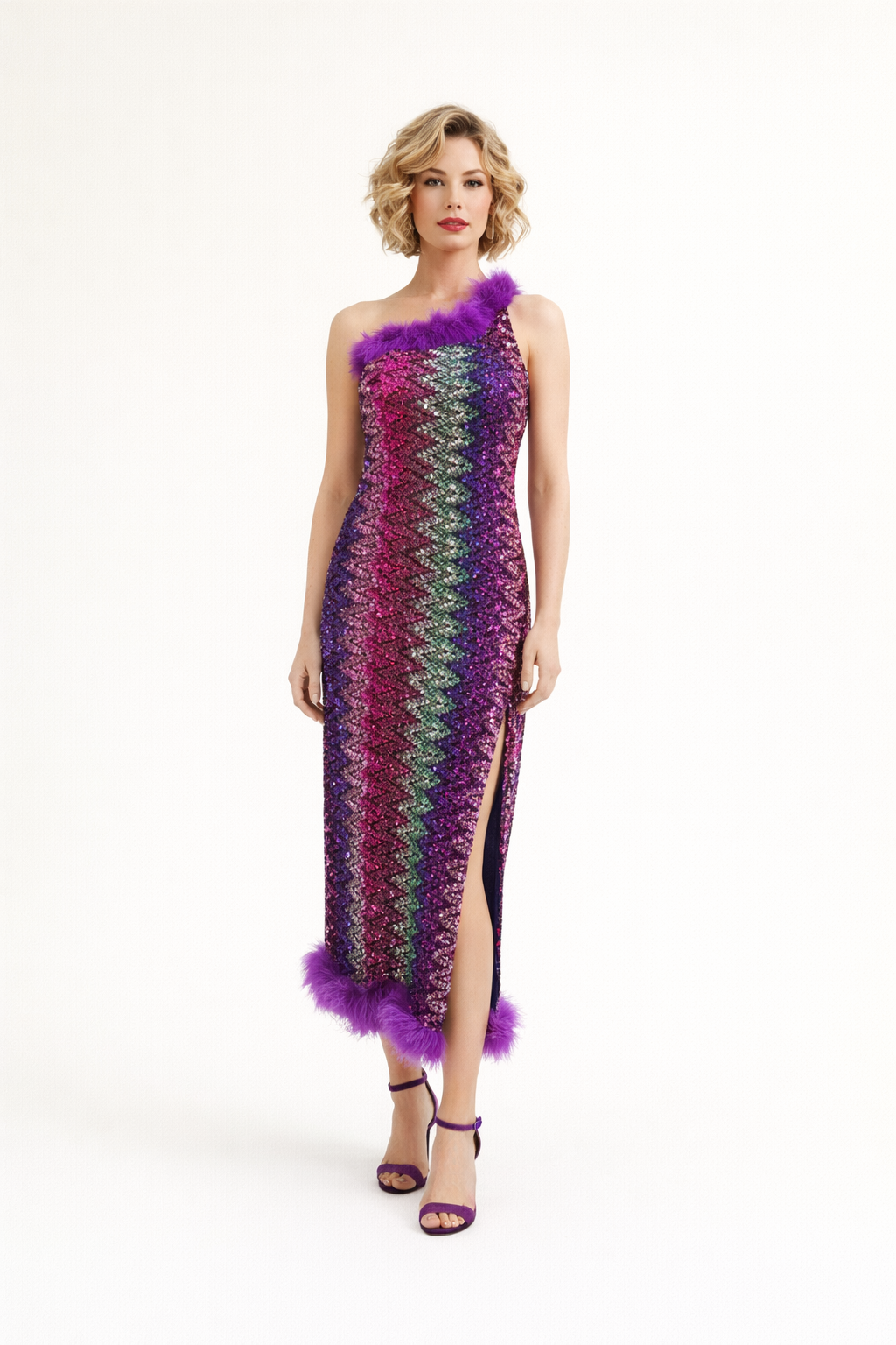 Purple, Fuchia, Pink & Light Green Sequin Dress, 1970's Women's Costume Rental