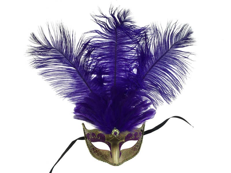 Purple Gold Venetian Mask With Feathers