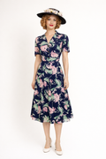 Rayon Day Dress Floral Navy Blue Rayon Dress 1950's Women's Costume Rental