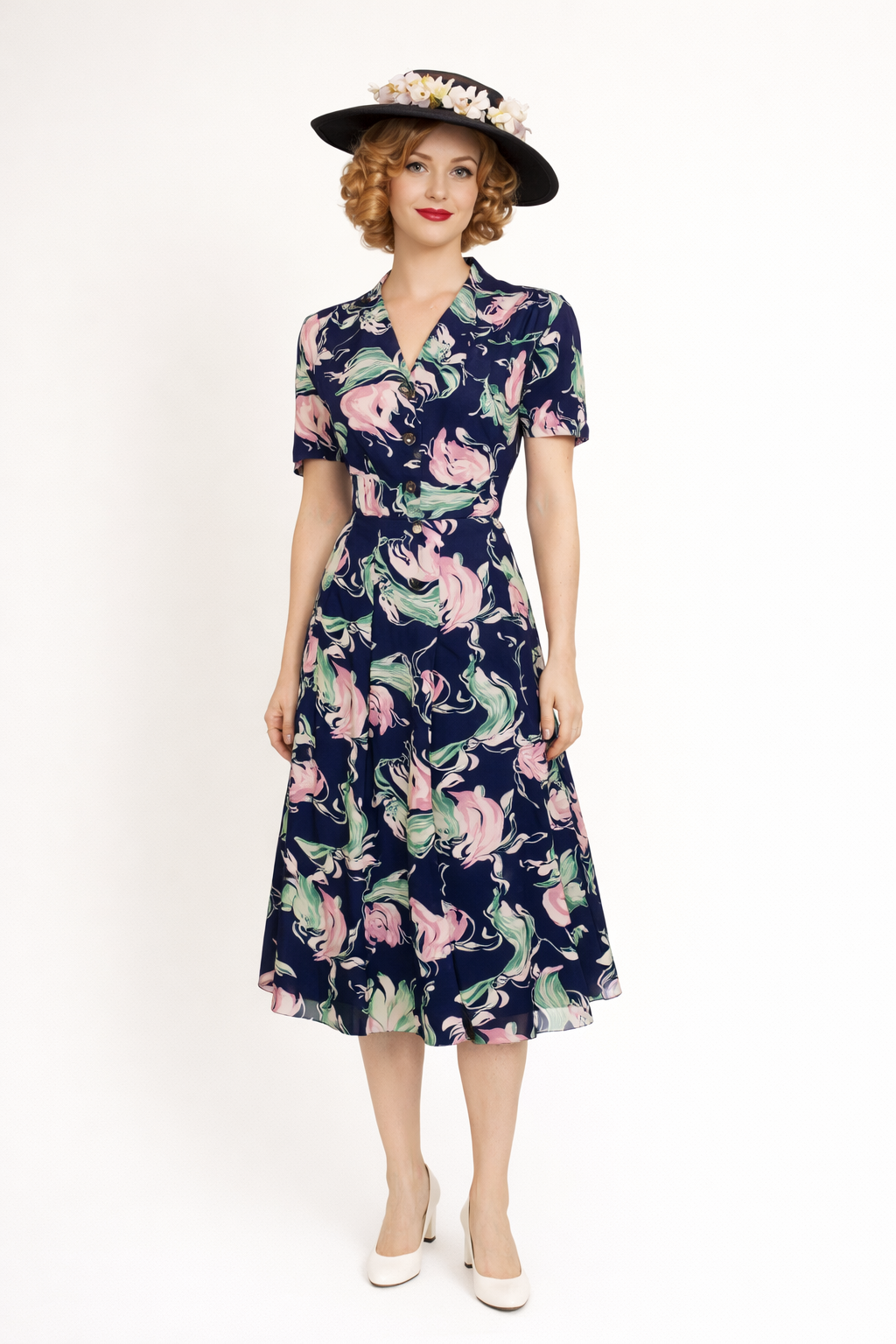 Rayon Day Dress Floral Navy Blue Rayon Dress 1950's Women's Costume Rental