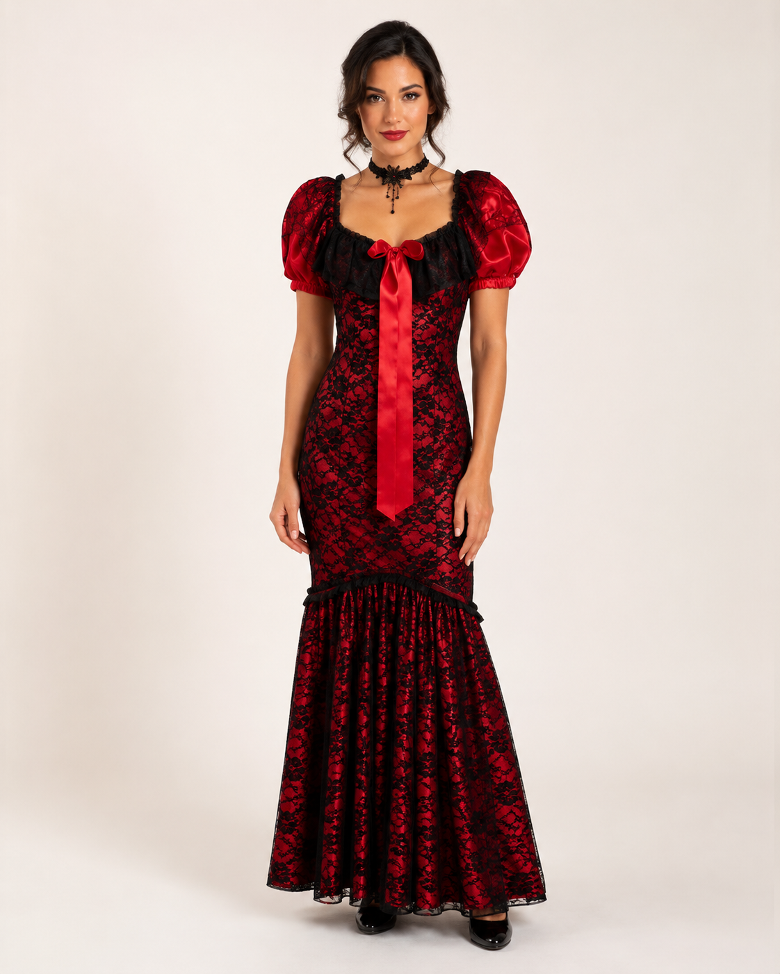 Red and Black Lace Flamenco Spanish Dancer Dress