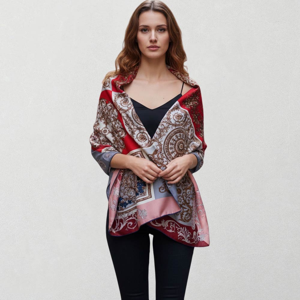 Red & Blue Boho Ornate Pattern Printed Oblong Silky Satin Scarf Shawl