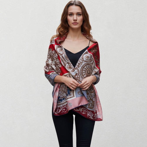 Red & Blue Boho Ornate Pattern Printed Oblong Silky Satin Scarf Shawl