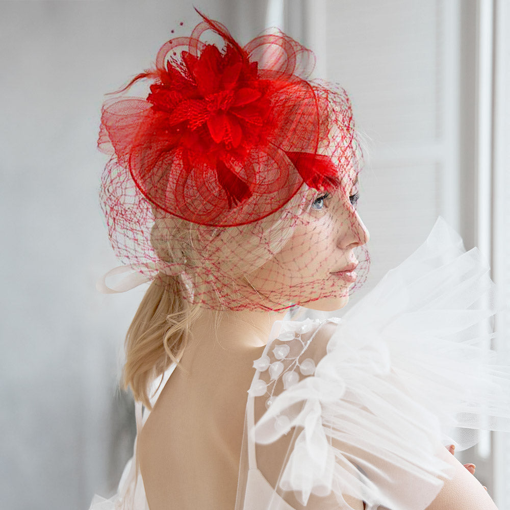 Red Bow Flower Feather Mesh Fascinator and Headband