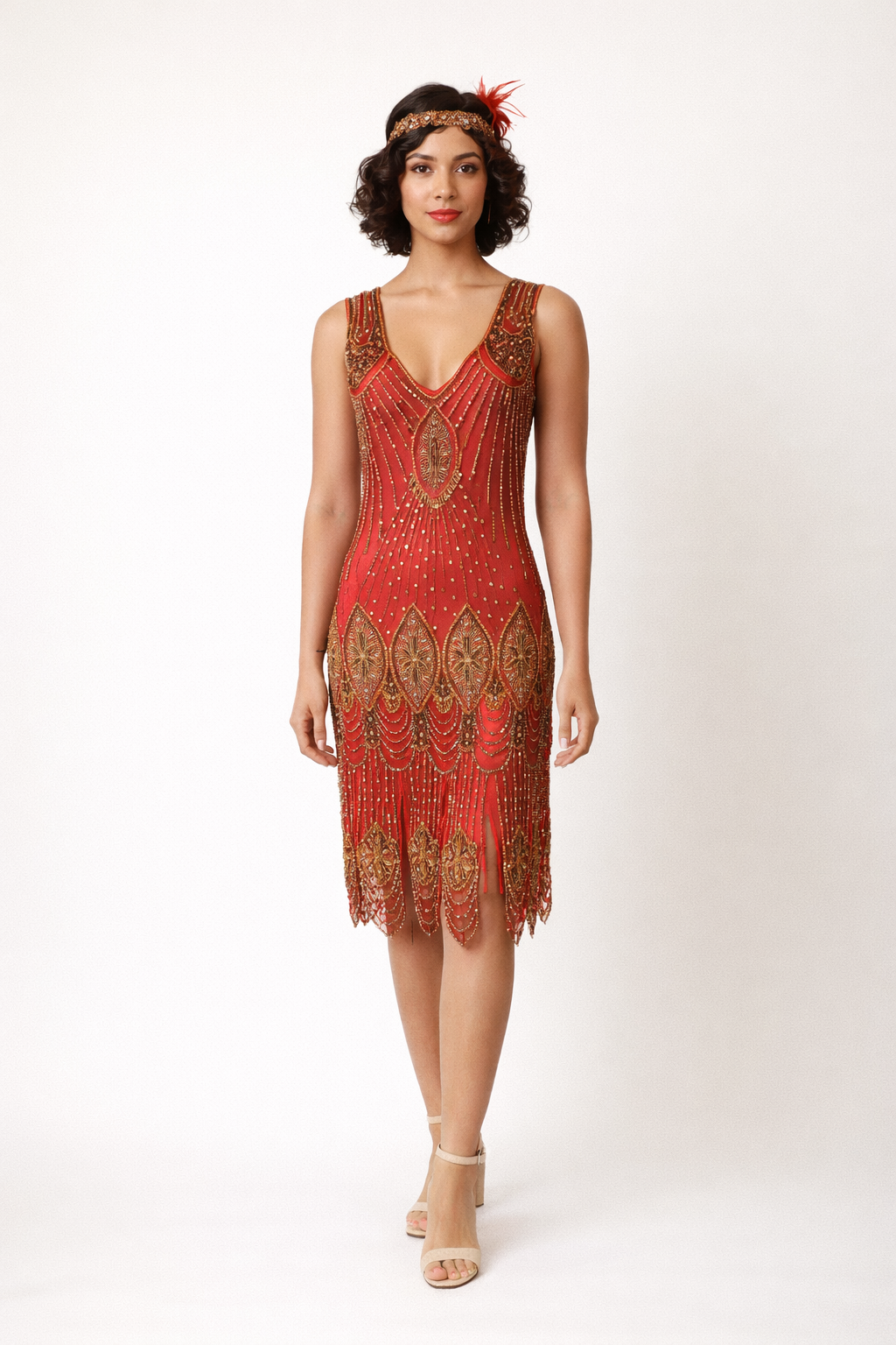 Red & Bronze Beading Vamp Flapper Dress 1920's, Women's Costume Rental