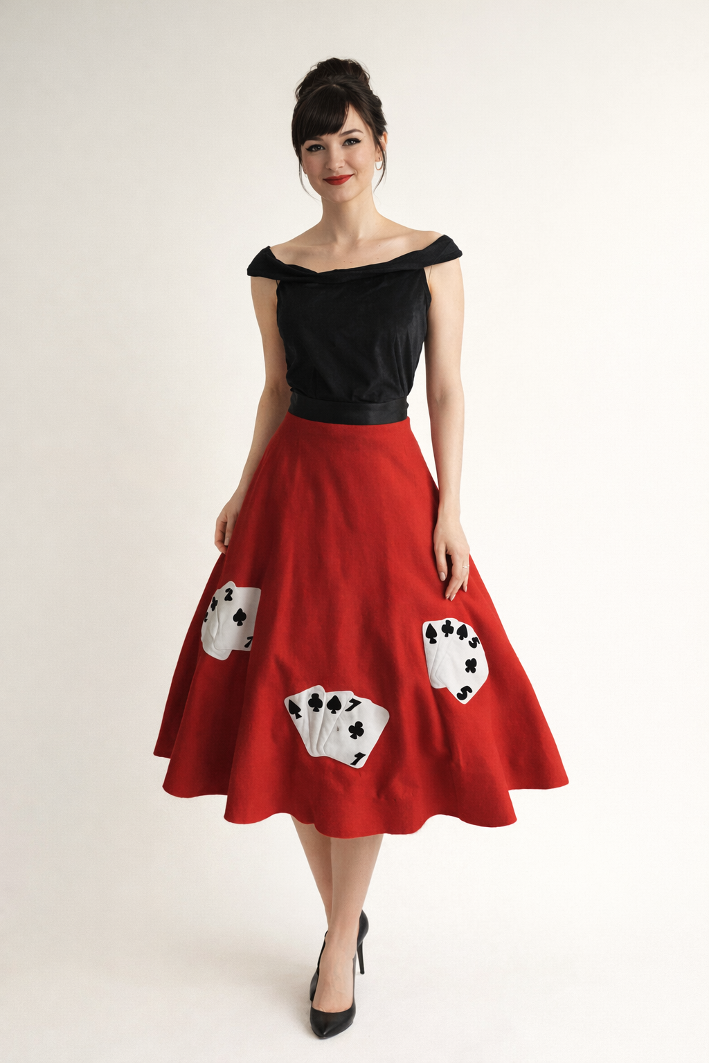 Red with Cards Poodle Skirt, 1950's Women's Costume Rental