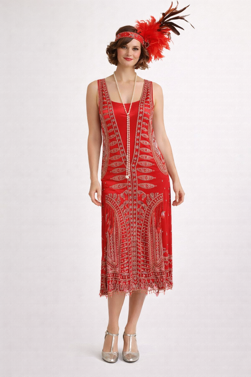 Red Ibsen Beaded Flapper Dress 1920's, Women's Costume Rental 14 Days / Medium / Red