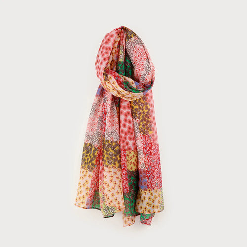Colorful red, yellow, blue green patterned light weight scarf 