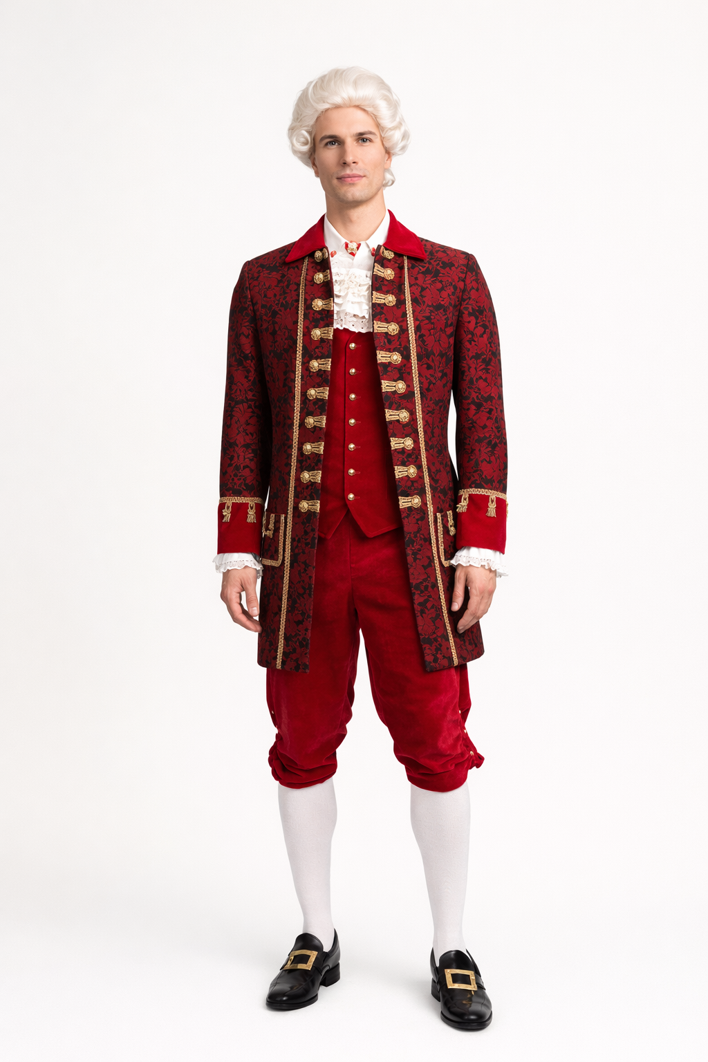 Red Red Velvet Brocade Jacket, 18th Century Men's Costume Rental