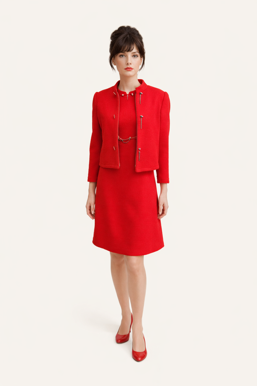 Red Two Piece Dress with Jacket, 1960's Women's Costume Rental