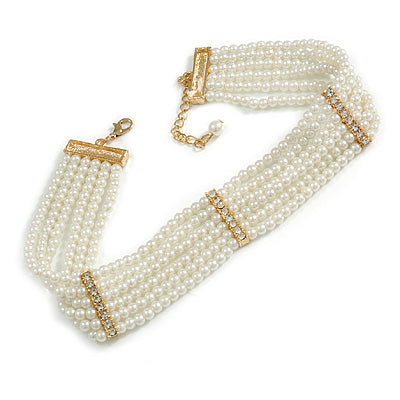 Six Strand Small Glass white pearl/crystals/gold choker necklace