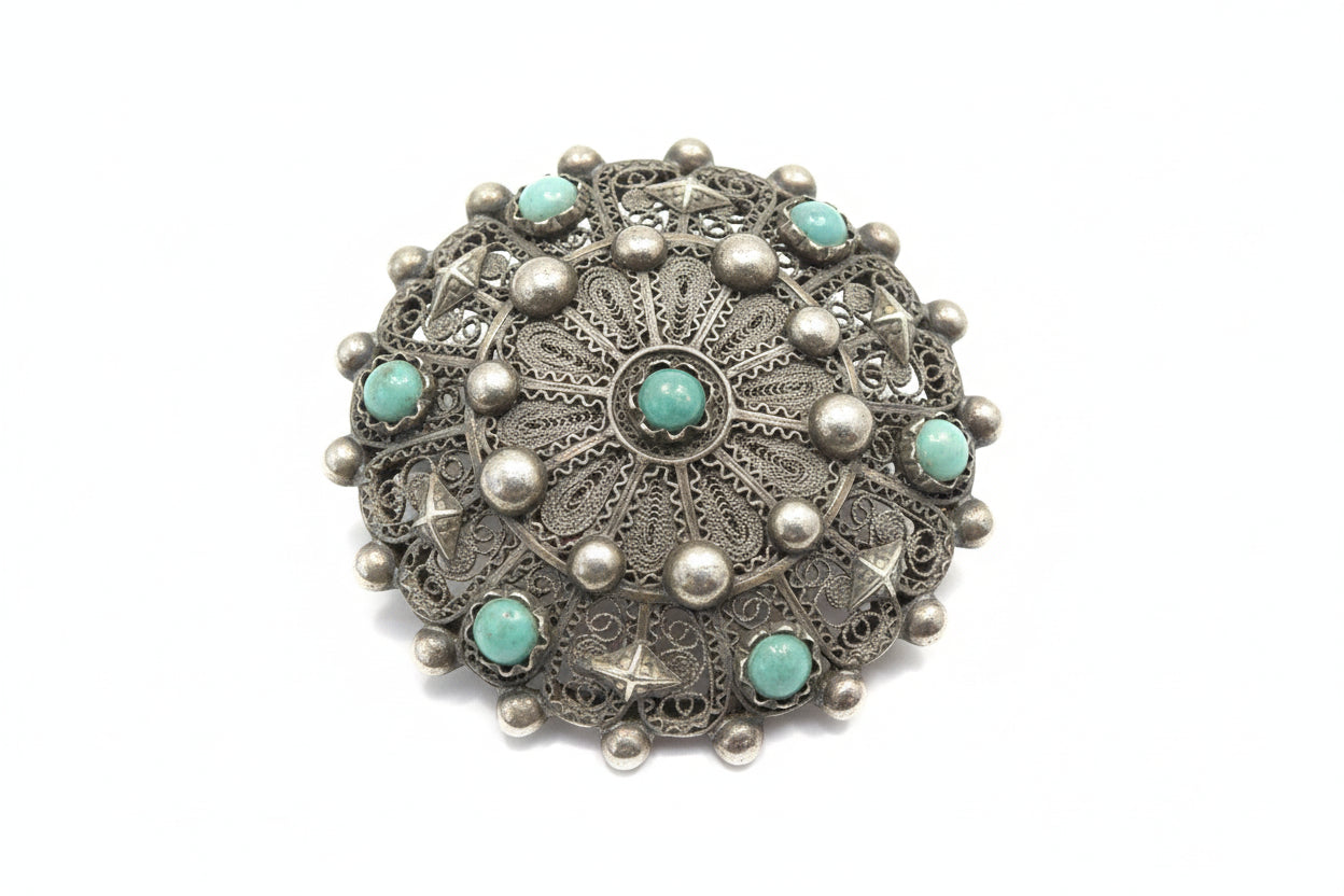 Sterling Filigree And Turquoise Victorian Filigree Broach