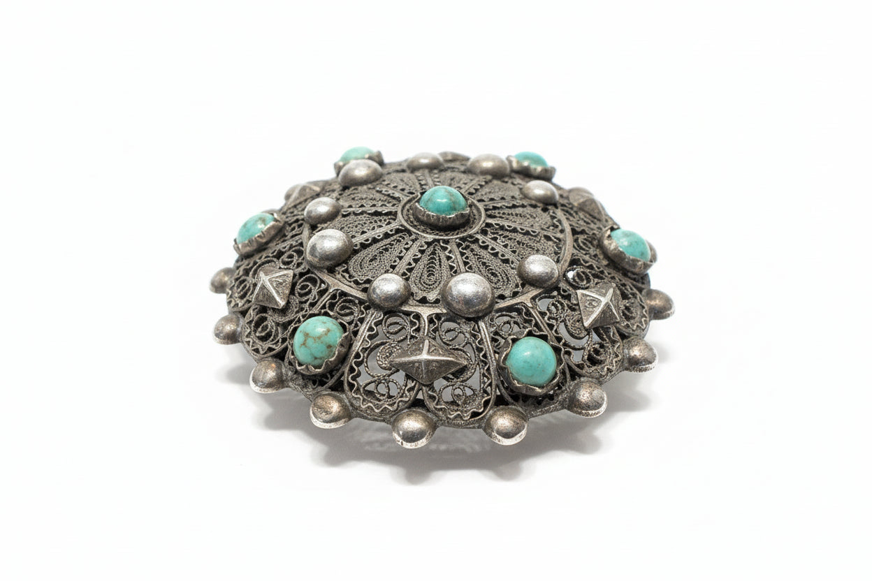 Sterling Filigree And Turquoise Victorian Filigree Broach