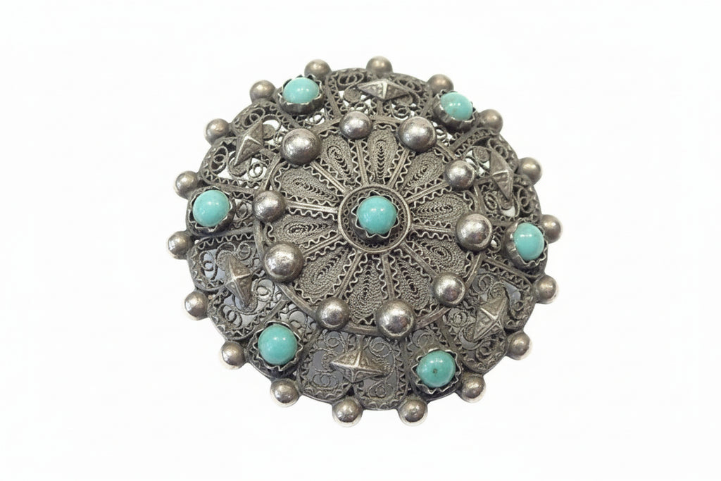 Sterling Filigree And Turquoise Victorian Filigree Broach