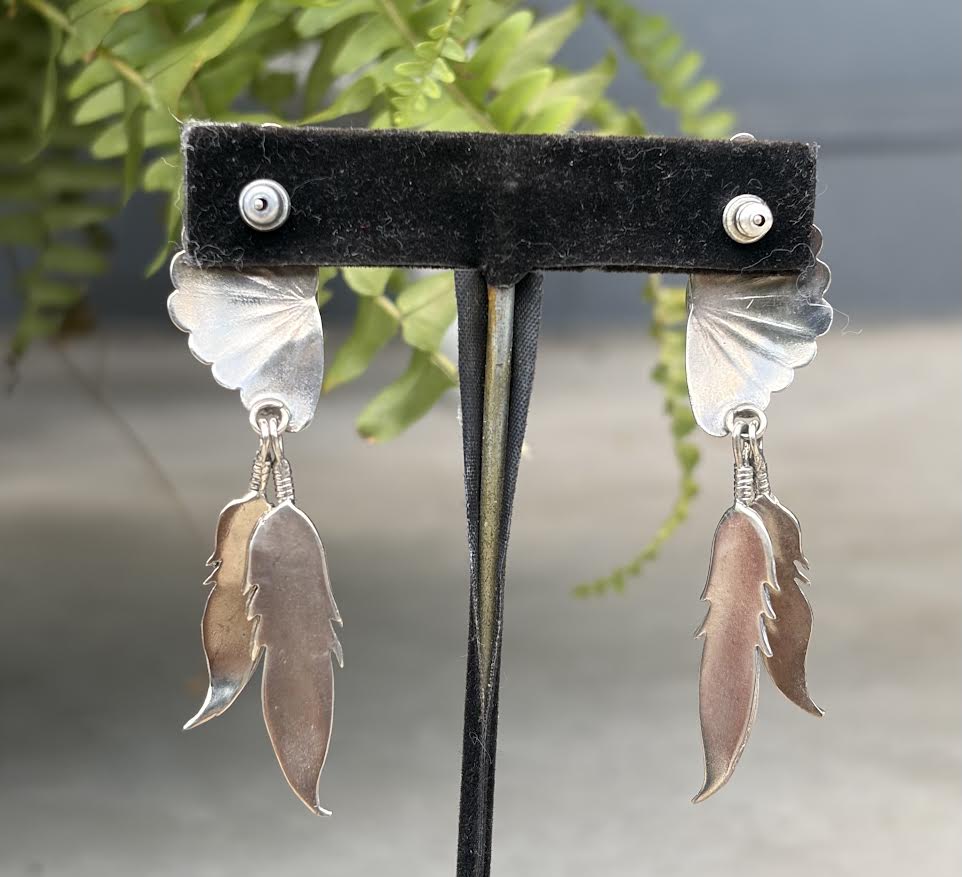 Sterling Navajo Earrings ,Feathers and Onyx stones
