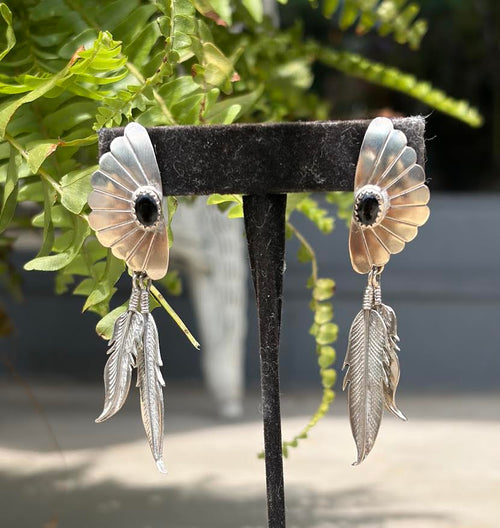 Sterling Silver Navajo Earrings with Feathers and Onyx stones