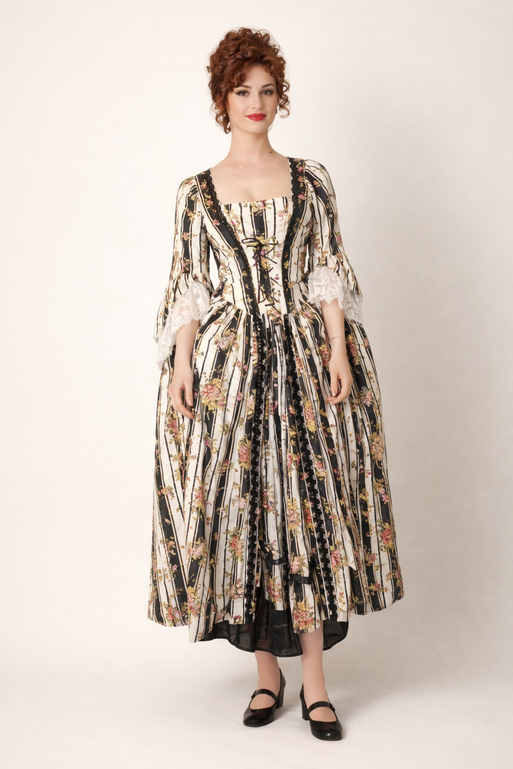 Black Striped Cotton Robe Anglaise Costume Rental