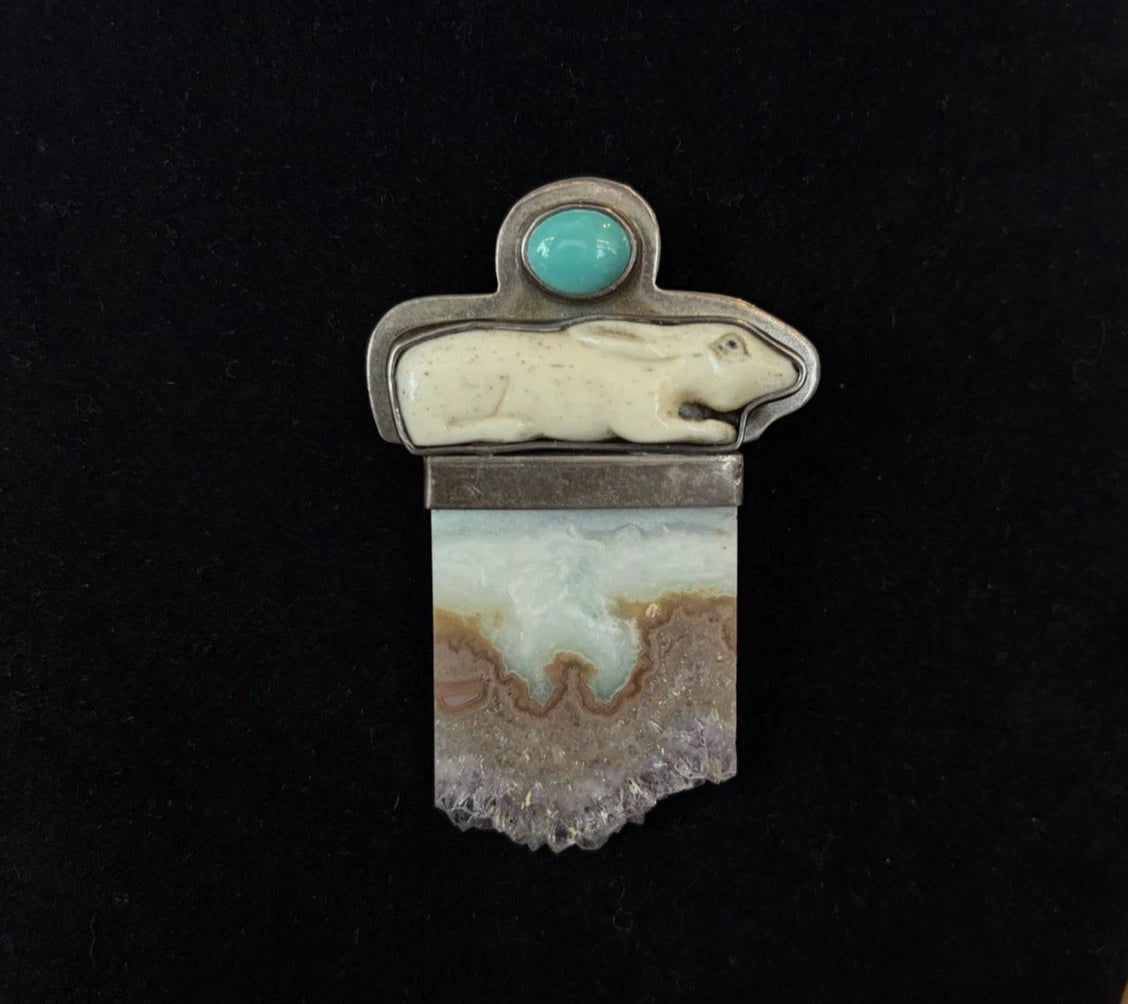 "The Dreamer" Sterling,Turquiose,Agate, Carved Bone Rabbit Pin/Brooch