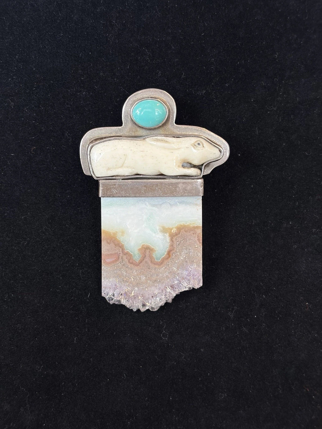 "The Dreamer" Sterling,Turquiose,Agate, Carved Bone Rabbit Pin/Brooch