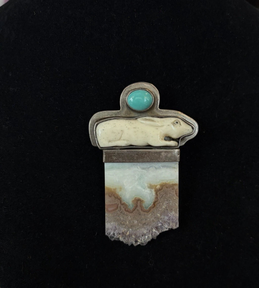 "The Dreamer" Sterling,Turquiose,Agate, Carved Bone Rabbit Pin/Brooch