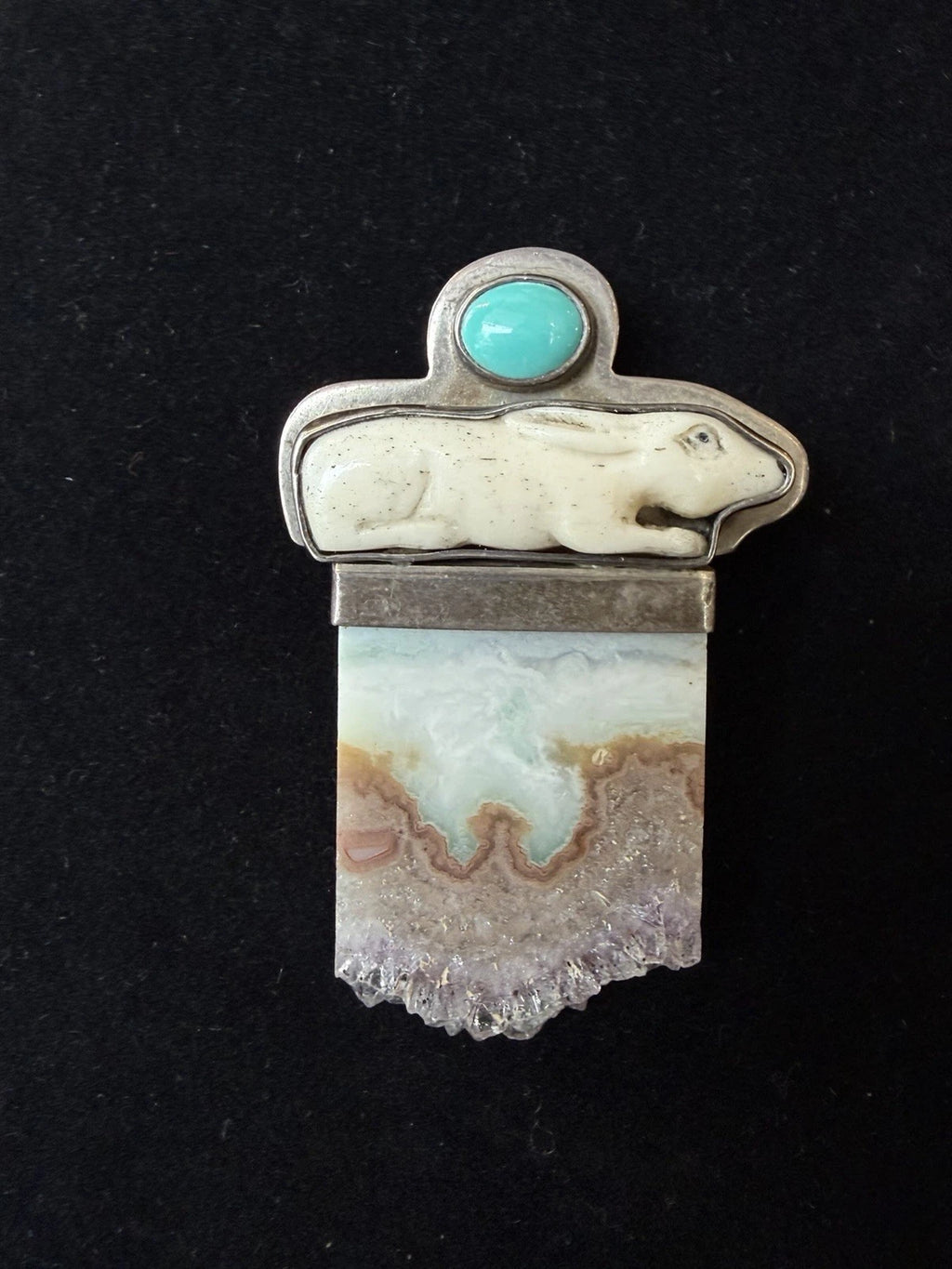 "The Dreamer" Sterling,Turquiose,Agate, Carved Bone Rabbit Pin/Brooch