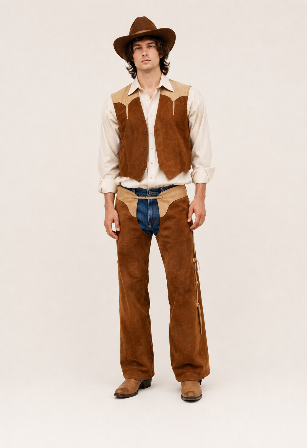Tan Cowboy Vest with Fringed Chaps, Wild West Men's Costume Rental