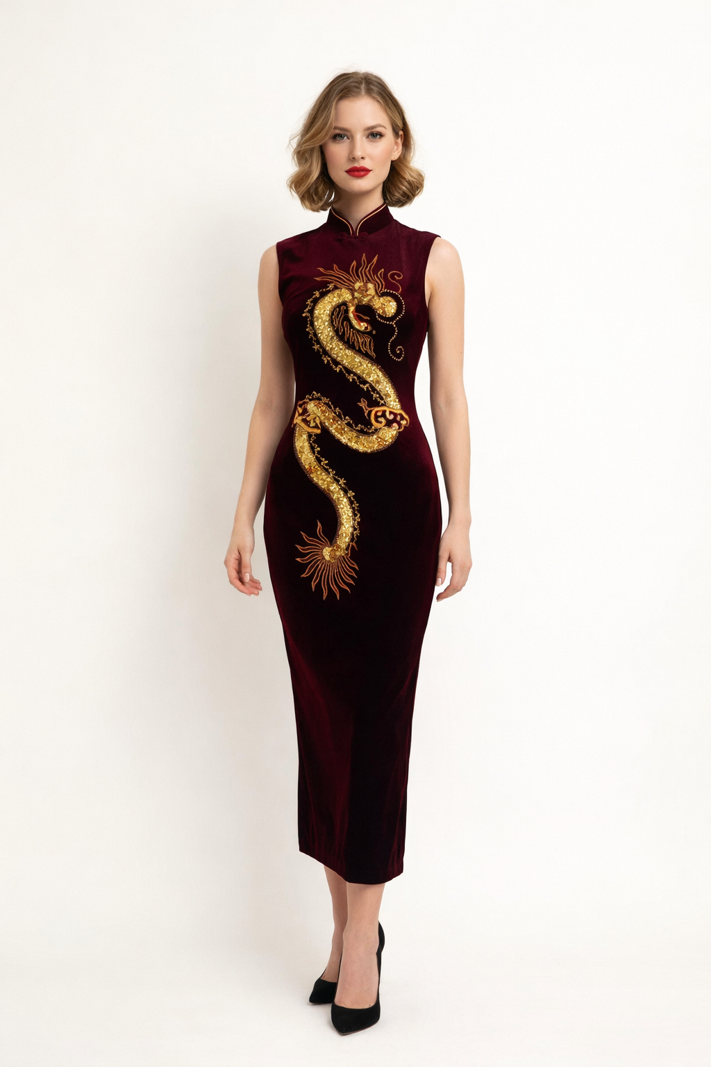 Tokyo Rose Dragon Maroon Gown, 1960's Women's Costume Rental