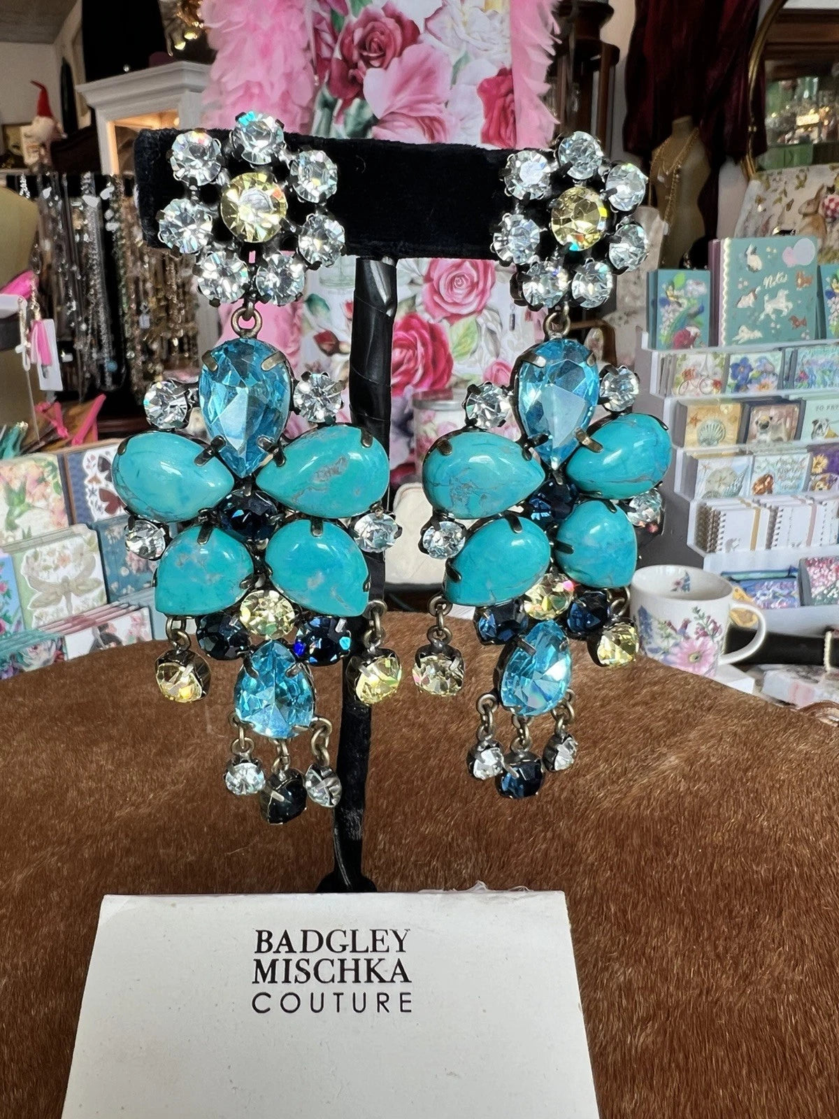 UNWORN BADGLEY MISCHKA STATEMENT TURQUOISE EARRINGS CLIP ON
