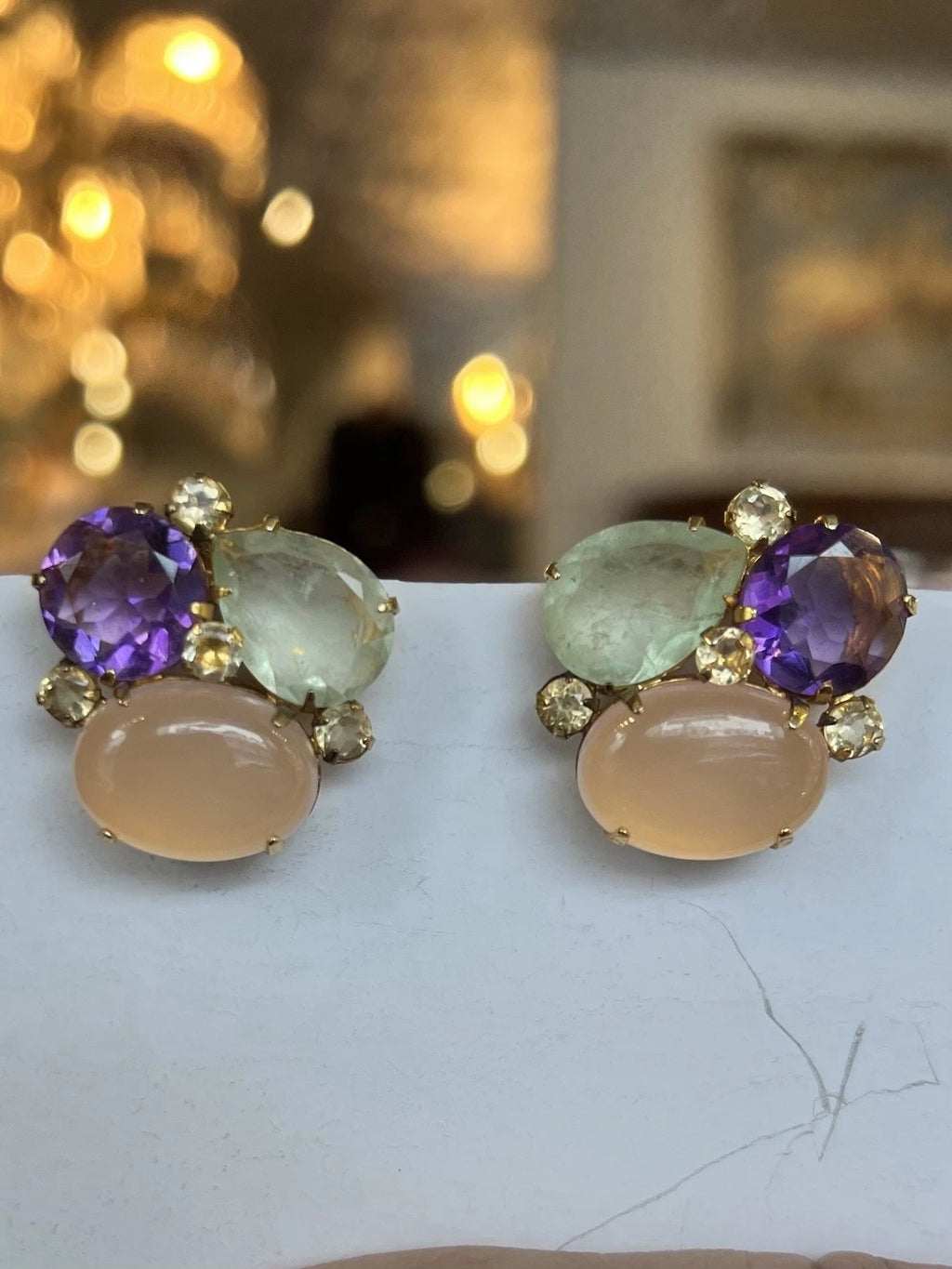 Vintage BONKIT Clip-On Earrings Genuine Amethyst, Rose Quartz, Citrine & Lemon Quartz