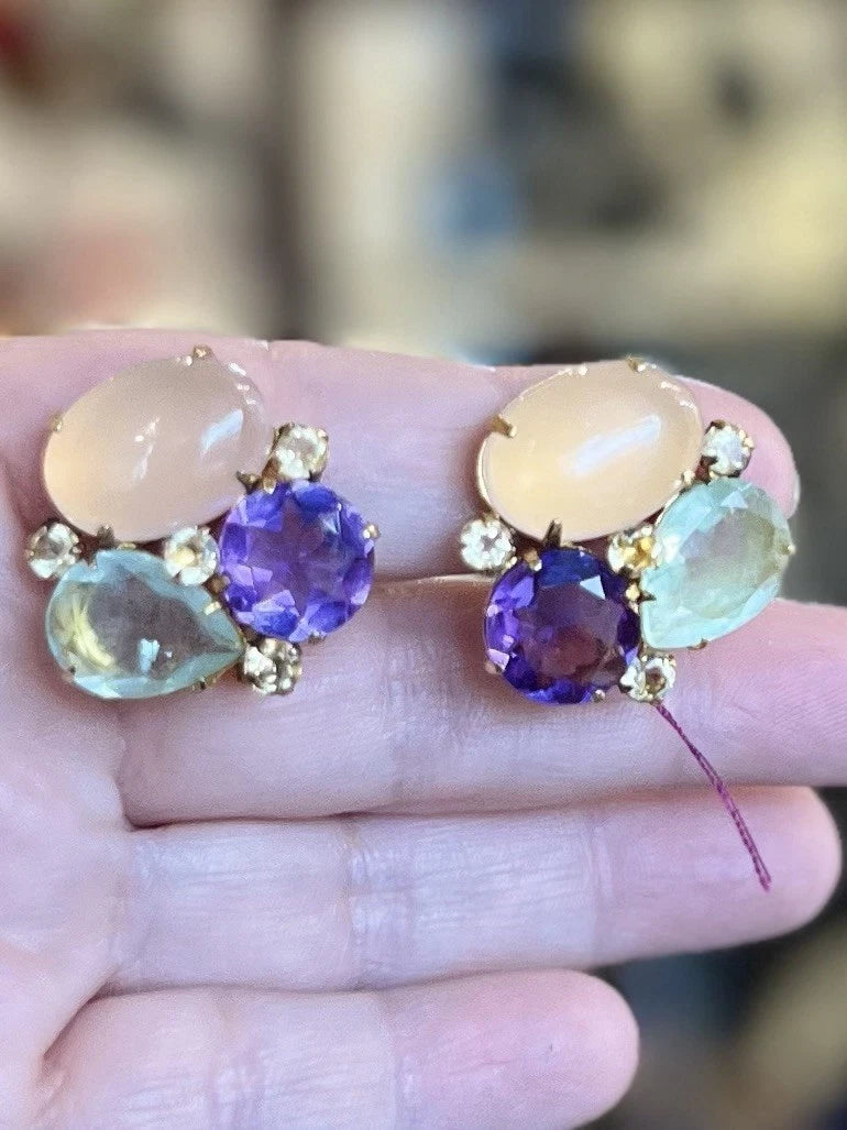 Vintage BONKIT Clip-On Earrings Genuine Amethyst, Rose Quartz, Citrine & Lemon Quartz