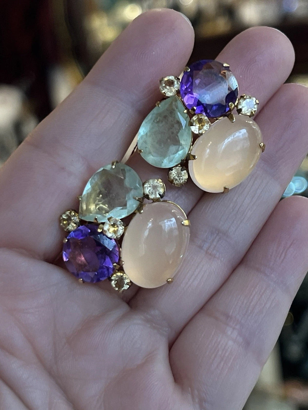 Vintage BONKIT Clip-On Earrings Genuine Amethyst, Rose Quartz, Citrine & Lemon Quartz