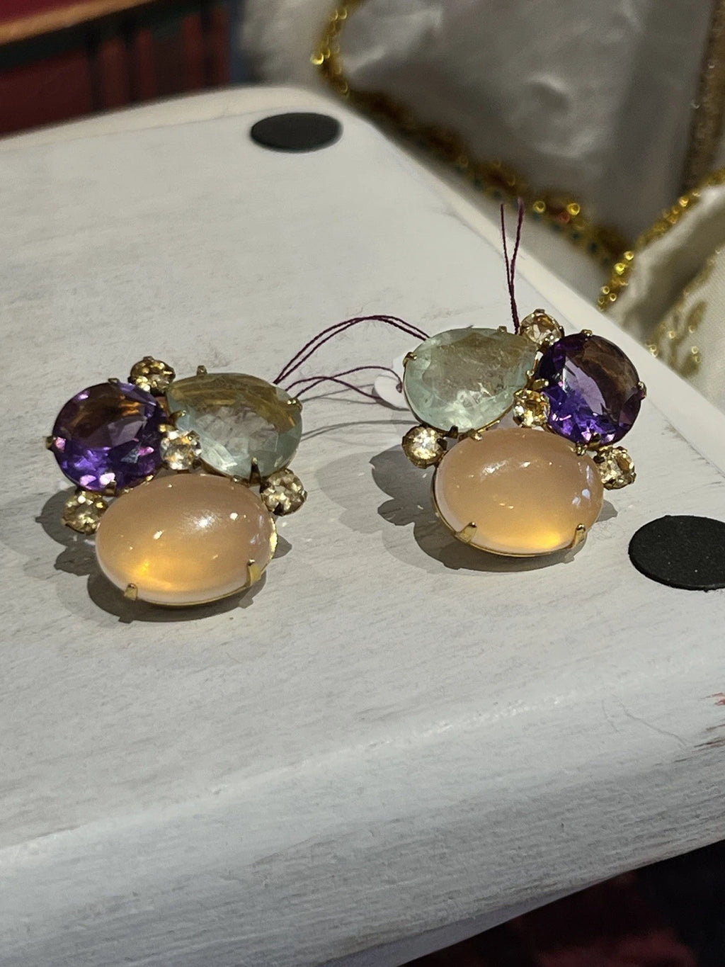 Vintage BONKIT Clip-On Earrings Genuine Amethyst, Rose Quartz, Citrine & Lemon Quartz