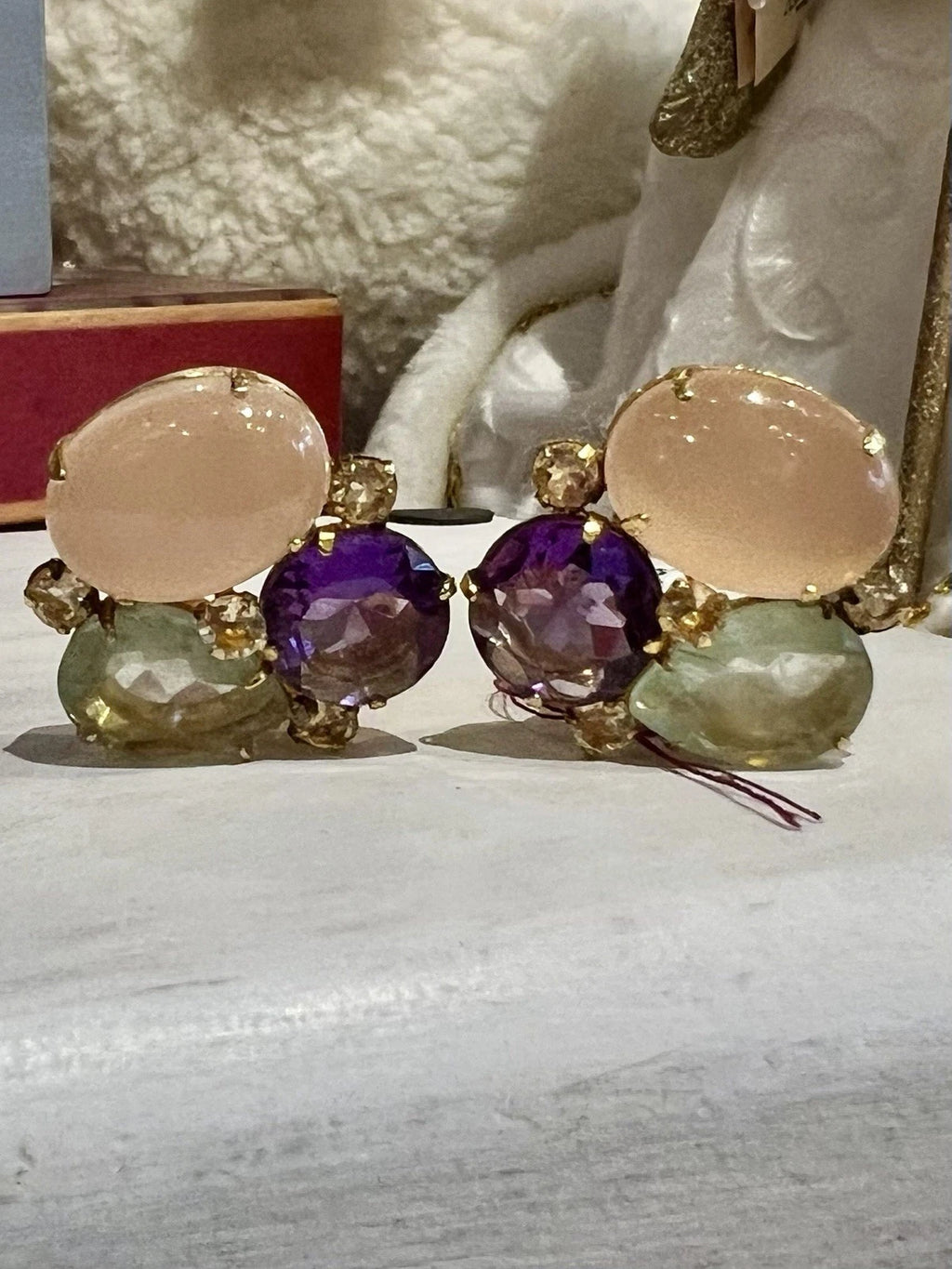 Vintage BONKIT Clip-On Earrings Genuine Amethyst, Rose Quartz, Citrine & Lemon Quartz