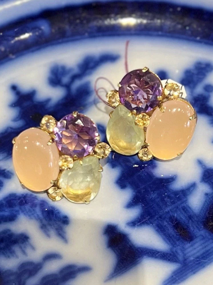 Vintage BONKIT Clip-On Earrings Genuine Amethyst, Rose Quartz, Citrine & Lemon Quartz