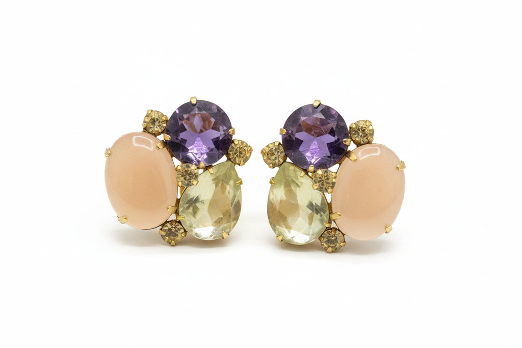 Vintage BONKIT Clip-On Earrings Genuine Amethyst, Rose Quartz, Citrine & Lemon Quartz