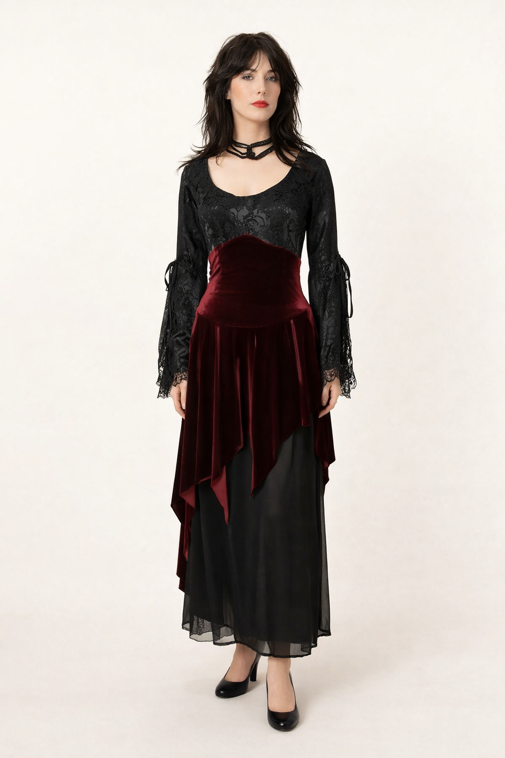 Vampira Costume Black & Burgundy Velvet Dress - 1980's Women's Horror Rental